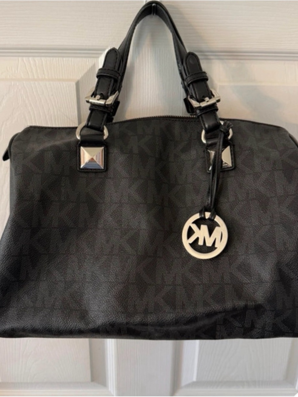 Michael Kors Black Signature Satchel with Logo Charm